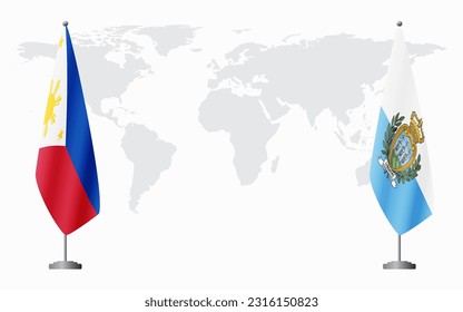 Philippines and San Marino flags for official meeting against background of world map.