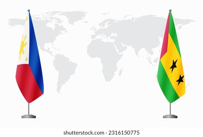 Philippines and Sao Tome and Principe flags for official meeting against background of world map.