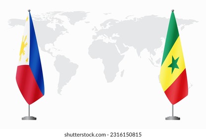 Philippines and Senegal flags for official meeting against background of world map.