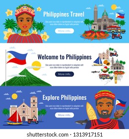 Philippines Set Of Horizontal Banners With Travel Objects And Landmarks On Blue White Background Isolated Vector Illustration