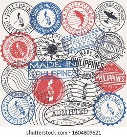 Philippines Set of Stamps. Travel Passport Stamp. Made In Product. Design Seals Old Style Insignia. Icon Clip Art Vector.