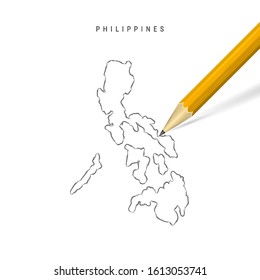 Philippines sketch outline map isolated on white background. Empty hand drawn vector map of Philippines. Realistic 3D pencil with soft shadow.