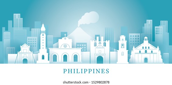 Philippines Skyline Landmarks In Paper Cutting Style, Famous Place And Historical Buildings, Travel And Tourist Attraction