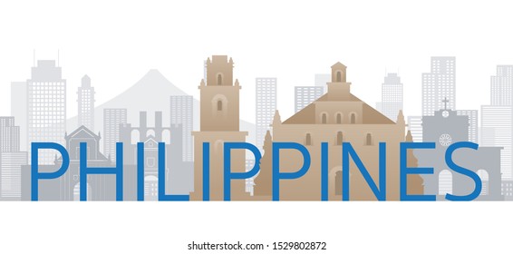 Philippines Skyline Landmarks with Text or Word, Famous Place and Historical Buildings, Travel and Tourist Attraction