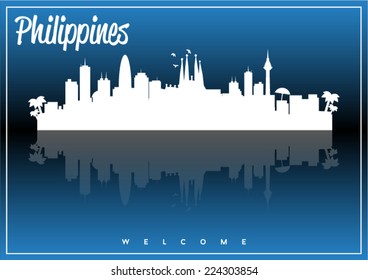 Philippines, skyline silhouette vector design on parliament blue and black background.