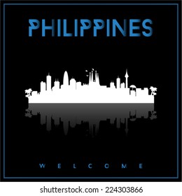 Philippines, skyline silhouette vector design on parliament blue and black background.