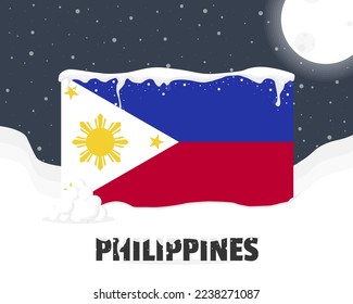 Philippines snowy weather concept, cold weather and snowfall, Philippines weather forecast winter banner idea, snow cap on flag with snowballs and moon, blizzard and adverse weather conditions