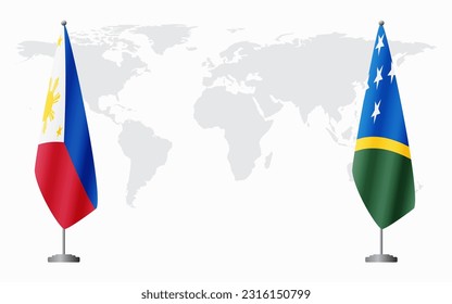 Philippines and Solomon Islands flags for official meeting against background of world map.