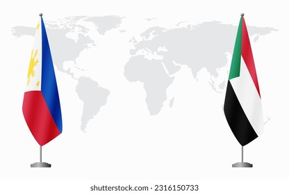 Philippines and Sudan flags for official meeting against background of world map.