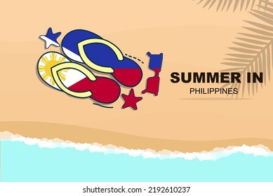Philippinische Sommerurlaub-Vektorbanner, Beach-Urlaubskonzept, Flip Flops-Sonnenbrillen Seesterne auf Sand, Kopienraum-Bereich, Philippinen Sommerreisen und Tourismus-Idee mit Flagge