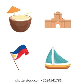 Philippines symbol icons set cartoon vector. Philippine flag and landmark. Island state