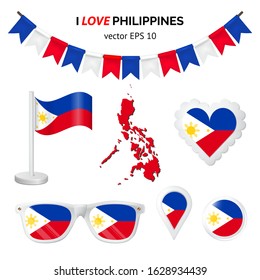 Philippines symbols attributes. Heart, flags, glasses, buttons and garlands with civil and state Philippines colors. Vector illustration for your graphic design.