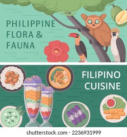 Philippines travel cartoon banner set with traditional cuisine and natural attractions isolated vector illustration