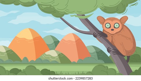 Philippines travel cartoon poster with cure monkey and mountains on background vector illustration