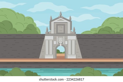 Philippines travel cartoon poster with fort Santiago on natural landscape vector illustration