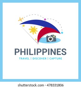 Philippines Travel, Discover, Capture logo - Vector travel Photographer logo design - Country Flag Travel, Discover and Photgrapher Conceptual logotype - vector illustration