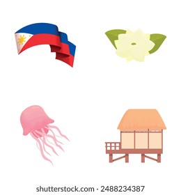 Iconos de viaje de Filipinas conjunto de dibujos animados Vector. Bandera y Lugar famoso filipino. Estado insular