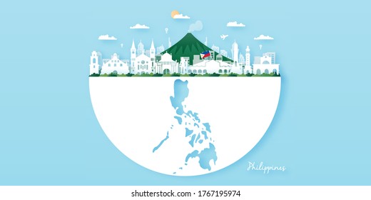 Philippines Travel postcard, poster, tour advertising of world famous landmarks. Vectors illustrations