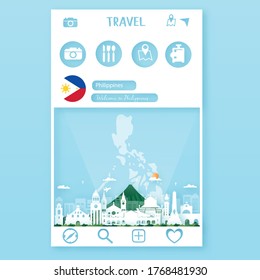 Philippines Travel postcard, poster, tour advertising of world famous landmarks. Vectors illustrations