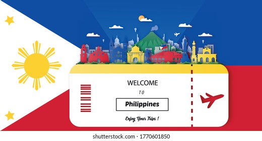 Philippines Travel postcard, poster, tour advertising of world famous landmarks. Vectors illustrations