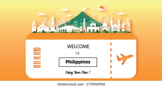 Philippines Travel postcard, poster, tour advertising of world famous landmarks. Vectors illustrations