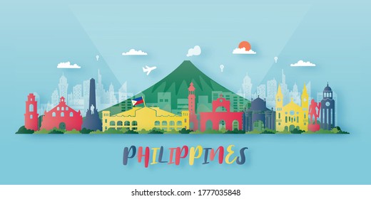 Philippines Travel postcard, poster, tour advertising of world famous landmarks. Vectors illustrations