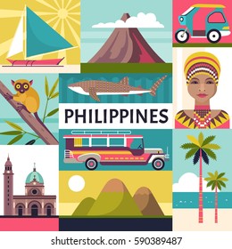 Philippines travel poster. Vector illustration of Philippine culture and nature icons, including Fort Santiago, portrait of a woman, tricycle, jeepney and a whale shark.