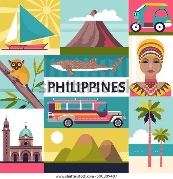 フィリピンの旅行ポスター フィリピンの文化と自然のアイコンのベクターイラスト フォート サンチアゴ 女性のポートレート 三輪車 ジプニー ホジラザメ のベクター画像素材 ロイヤリティフリー