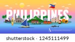 Philippines typographic composition with traditional food various landmarks and animals on gradient background horizontal vector illustration