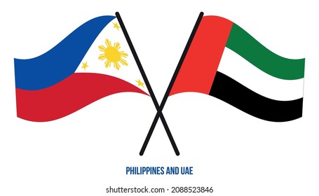 Philippinen und VAE-Flaggen überquerten und wehenden Flat Style. Offizieller Anteil. Korrigieren Sie Farben.