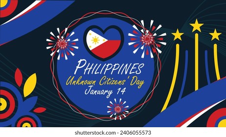 Philippinische Vektorbanner-Design unbekannter Bürger-Tage mit geometrischen Formen und lebhaften Farben auf horizontalem Hintergrund. Happy Unknown Citizens' Day moderne minimale Poster.