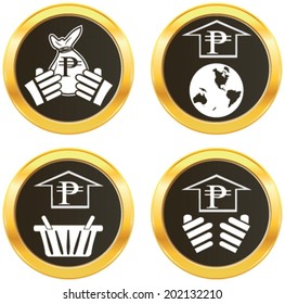 Philippines and Uruguay currency symbol peso representing money of the nation. White vector illustration of shopping basket. pictograph of globe, hand showing currency on golden web button icon. 