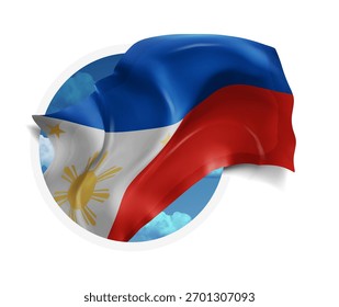 Philippinen, Vektor 3D-Flagge auf blauem Himmel, durch ein rundes Loch auf weißem Hintergrund