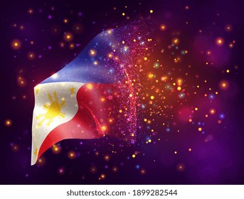 Philippines, vector 3d flag on pink purple background with lighting and flares