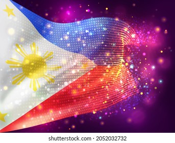 Philippines, vector 3d flag on pink purple background with lighting and flares