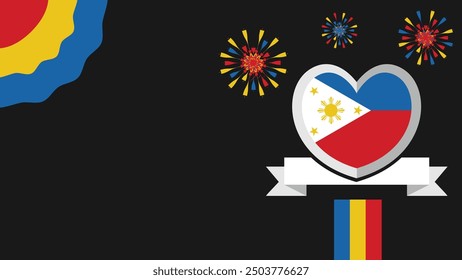 Ilustración de diseño de Anuncio de Vector de Filipinas con colores de bandera, Formas geométricas y tipografía. fuegos artificiales y Elementos de cinta.