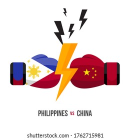 Philippines vs China. Concept of sports match, trade war, fight or war on border between philippines and china. Vector illustration.