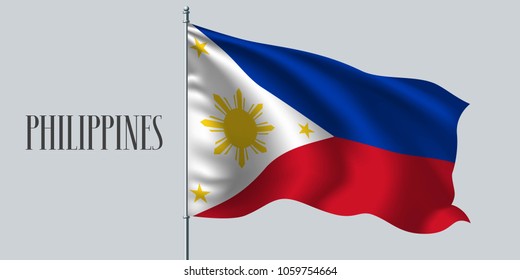 Philippines waving flag on flagpole vector illustration. Red blue element of Pilipino wavy realistic flag as a symbol of country 