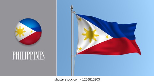 Philippines waving flag on flagpole and round icon vector illustration. Realistic 3d mockup of white red Pilipino flag and circle button 