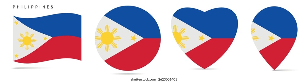 Bandeira de ondulação das Filipinas, círculo redondo distintivo adesivo, ícone em forma de coração, pino do mapa. Botões de bandeira filipina de diferentes formas. Ilustração vetorial isolada em branco.