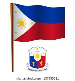 philippines wavy flag and coat of arm against white background, vector art illustration, image contains transparency