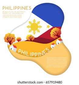 Philippines : World Flag in paper cut shapes with trees and mountains in the layers : Vector Illustration