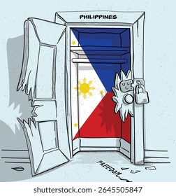 O caminho das Filipinas para a liberdade. Ilustração política de uma porta quebrada, mas trancada, com a bandeira nacional. Uma metáfora para luta e esperança.