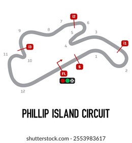 Phillip Island Circuit Vector. Circuit Race Track Illustration with Editable Stroke. Stock Vector.