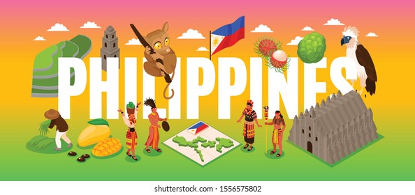 Phillipines tourism isometric concept with people and wildlife symbols  vector illustration