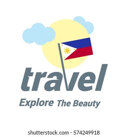 Phillipines Travel Country Flag Logo. Explore the The Beauty lettering with Sun and Clouds and creative waving flag. travel company logo design - vector illustration