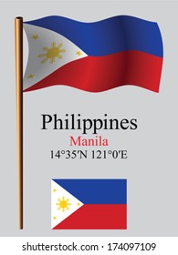 phillippines wavy flag and coordinates against gray background, vector art illustration, image contains transparency