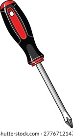 Phillips head screwdriver with red and black handle hand tool metal shaft screwdriver hardware construction maintenance equipment instrument ergonomic fastener appliance mechanical