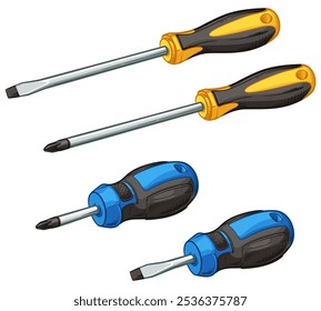 Phillips screwdriver and flat screwdriver. Long and short screwdrivers. Vector illustration.