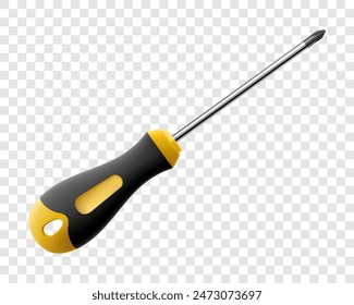 Phillips screwdriver isolated on transparent background. Black and yellow short screwdrivers. Metal tool for Home Repairs and Mechanical Work. Realistic 3d vector illustration.